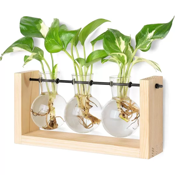Mkono Plant Propagation Station with Wooden Stand Wall Hanging Glass Planter Tabletop Terrarium Bulb Vase for Hydroponics Plants Home Office DecorBeige