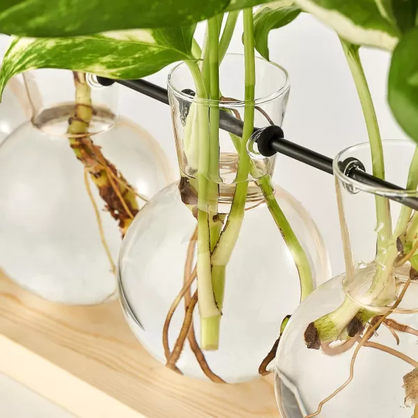 Mkono Plant Propagation Station with Wooden Stand Wall Hanging Glass Planter Tabletop Terrarium Bulb Vase for Hydroponics Plants Home Office DecorBeige