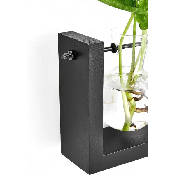 Mkono Plant Propagation Station with Wooden Stand Wall Hanging Glass Planter Tabletop Terrarium Bulb Vase for Hydroponics Plants Home Office DecorBlack