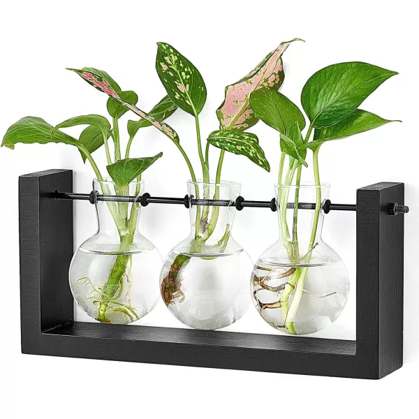 Mkono Plant Propagation Station with Wooden Stand Wall Hanging Glass Planter Tabletop Terrarium Bulb Vase for Hydroponics Plants Home Office DecorBlack
