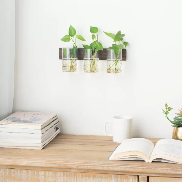 Mkono Propagation Station Wall Planter Glass Cylinder Vase Hanging Terrarium for Hydroponics Plant Cutting Indoor Outdoor Decor Brown Plant Lover Gift