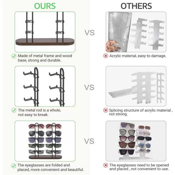 Mkono Sunglasses Organizer for 10 Pairs of Eyewear Glasses Holder Display Stand Sunglass Storage Eyeglasses Rack Double Metal Frames with Wood Base for Table Desk Countertop Dresser Bedroom