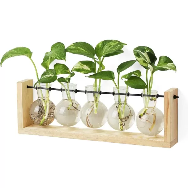 Mkono Plant Propagation Station with Wooden Stand Wall Hanging Glass Planter Tabletop Terrarium Bulb Vase for Hydroponics Plants Home Office DecorBeige