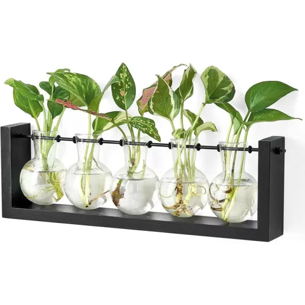 Mkono Plant Propagation Station with Wooden Stand Wall Hanging Glass Planter Tabletop Terrarium Bulb Vase for Hydroponics Plants Home Office DecorBlack