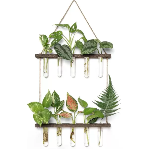 Mkono Plant Propagation Tubes 2 Tiered Wall Hanging Plant Terrarium with Wooden Stand Vase Glass Planter Stations for Hydroponic Flower Cutting Home Garden Office Decor Plant Lover Gift