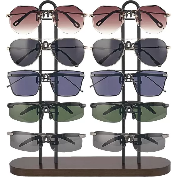 Mkono Sunglasses Organizer for 10 Pairs of Eyewear Glasses Holder Display Stand Sunglass Storage Eyeglasses Rack Double Metal Frames with Wood Base for Table Desk Countertop Dresser Bedroom