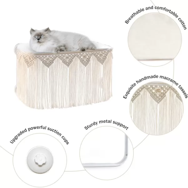 Mkono Macrame Cat Window Perch Hammock for Indoor Cats Boho Cat Window Bed with Woven Tassle Lower Iron Support Sunbathing Pet Resting Seat Safely Space Saving Swing Shelf Kitty Gift Idea
