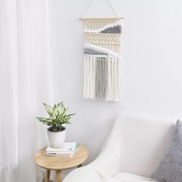 Mkono Macrame Wall Hanging Woven Boho Decor Gray Yarn Fringe Tassel Handmade Home Decoration for Bedroom Living Room Dorm Nursery Apartment 12W x 245L