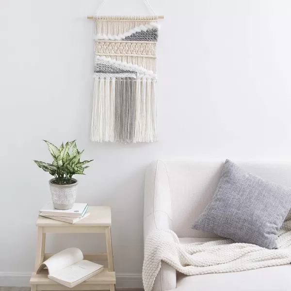 Mkono Macrame Wall Hanging Woven Boho Decor Gray Yarn Fringe Tassel Handmade Home Decoration for Bedroom Living Room Dorm Nursery Apartment 12W x 245L