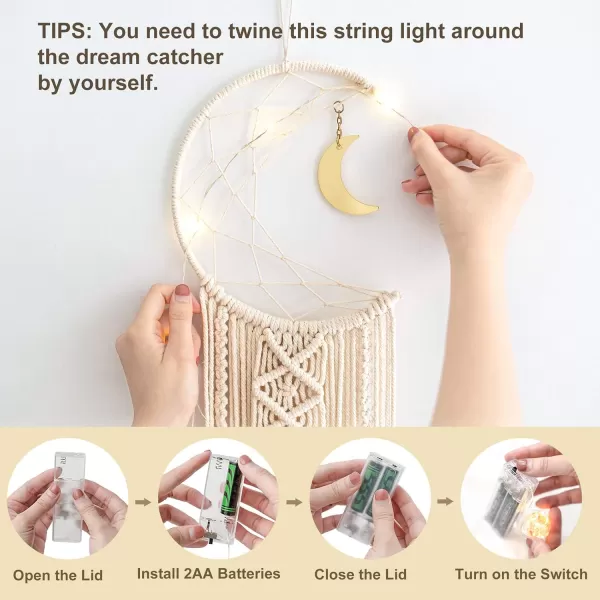 Mkono Macrame Woven Wall Hanging Boho Dream Catcher Decor with String Lights Circle Moon Phase Dreamcatcher Teen Girls Gift for Bedroom Living Room Nursery Dorm 2 Pack 8W x 32L