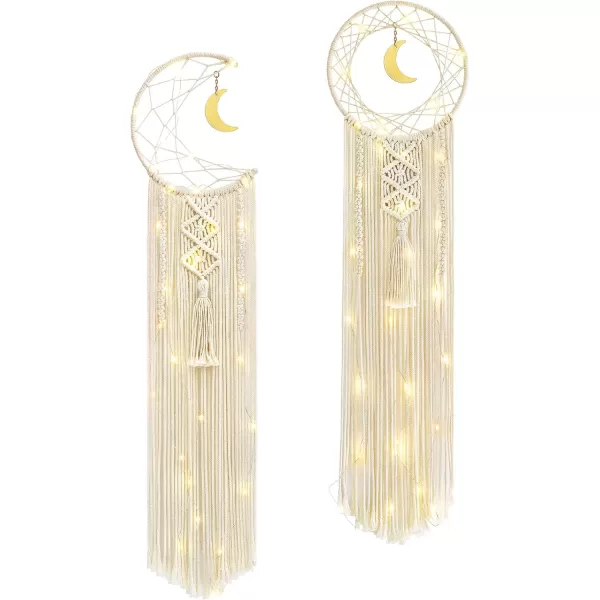 Mkono Macrame Woven Wall Hanging Boho Dream Catcher Decor with String Lights Circle Moon Phase Dreamcatcher Teen Girls Gift for Bedroom Living Room Nursery Dorm 2 Pack 8W x 32L