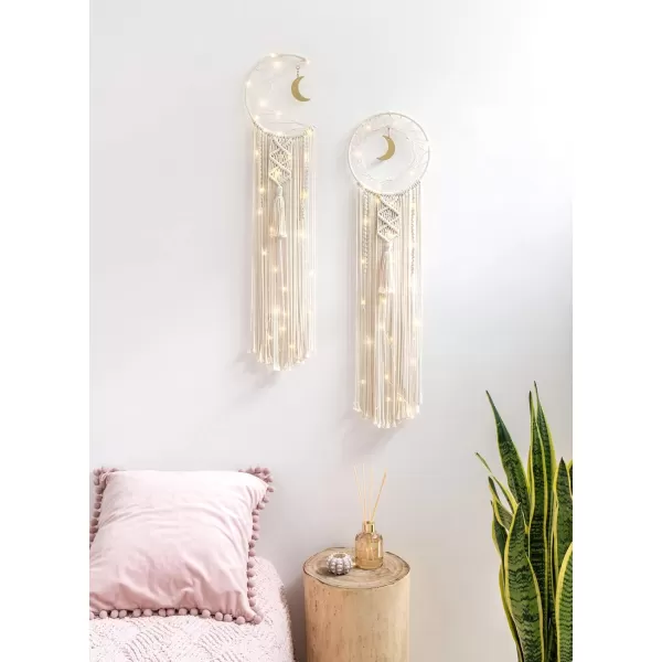 Mkono Macrame Woven Wall Hanging Boho Dream Catcher Decor with String Lights Circle Moon Phase Dreamcatcher Teen Girls Gift for Bedroom Living Room Nursery Dorm 2 Pack 8W x 32L