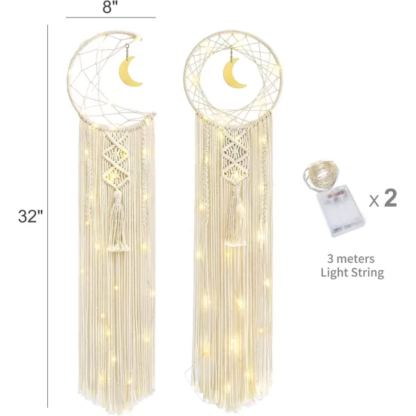 Mkono Macrame Woven Wall Hanging Boho Dream Catcher Decor with String Lights Circle Moon Phase Dreamcatcher Teen Girls Gift for Bedroom Living Room Nursery Dorm 2 Pack 8W x 32L