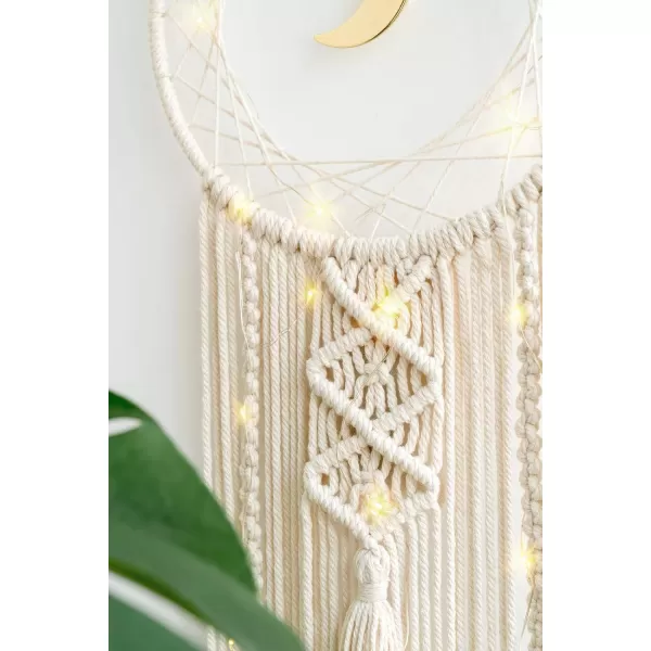 Mkono Macrame Woven Wall Hanging Boho Dream Catcher Decor with String Lights Circle Moon Phase Dreamcatcher Teen Girls Gift for Bedroom Living Room Nursery Dorm 2 Pack 8W x 32L