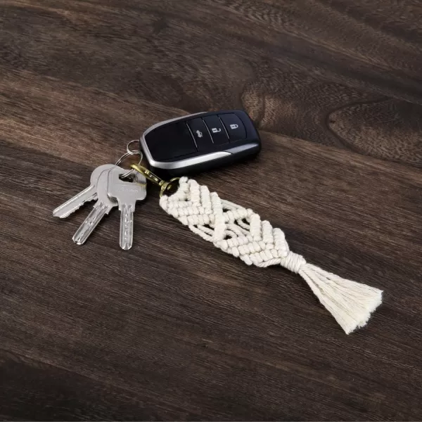 Mkono Mini Macrame Keychains Boho Macrame Bag Charms with Tassels Cute Handcrafted Accessories for Car Key Purse Phone Wallet Unique Gift Party Supplies Natural White 3 Pack