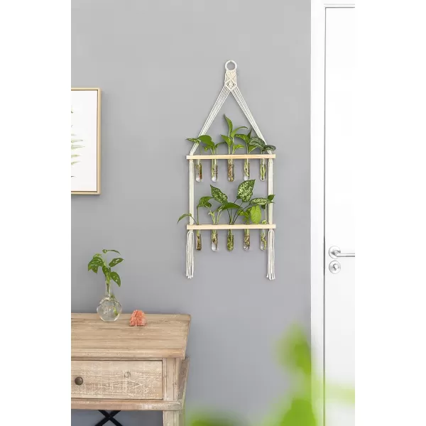 Mkono Wall Hanging Glass Planter with Macrame Hanger Boho 2 Tier Propagation Tube Vase Plant Terrarium with Wooden Stand for Propagating Hydroponic Plants Home Office Room Decor Women Gift Idea