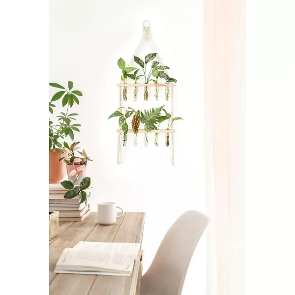 Mkono Wall Hanging Glass Planter with Macrame Hanger Boho 2 Tier Propagation Tube Vase Plant Terrarium with Wooden Stand for Propagating Hydroponic Plants Home Office Room Decor Women Gift Idea