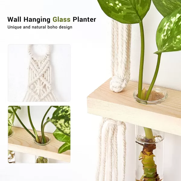 Mkono Wall Hanging Glass Planter with Macrame Hanger Boho 2 Tier Propagation Tube Vase Plant Terrarium with Wooden Stand for Propagating Hydroponic Plants Home Office Room Decor Women Gift Idea