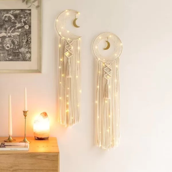 Mkono Macrame Woven Wall Hanging Boho Dream Catcher Decor with String Lights Circle Moon Phase Dreamcatcher Teen Girls Gift for Bedroom Living Room Nursery Dorm 2 Pack 8W x 32L