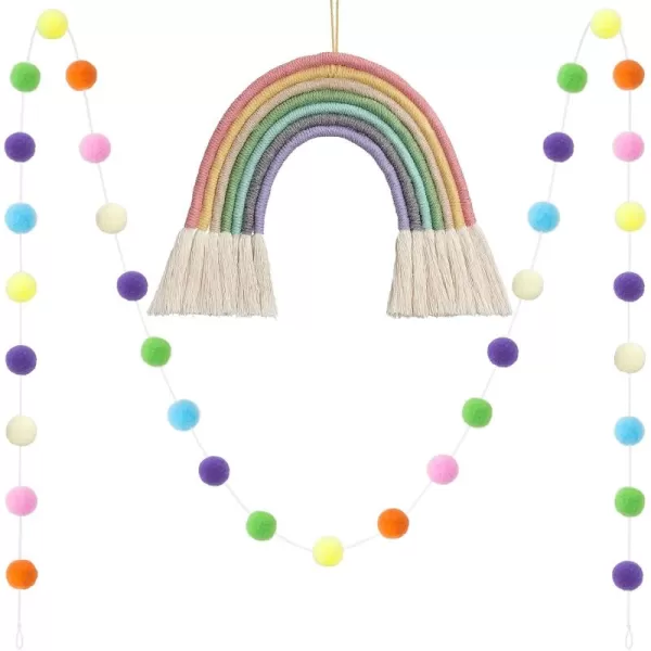 Mkono Rainbow Tassel Garland Pom Pom Garland Felt Ball String Boho Home Decor Macrame Rainbow Wall Hanging Colorful Tassels for Party Baby Room Nursery Classroom Dorm Room Decor