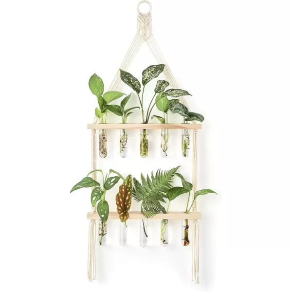 Mkono Wall Hanging Glass Planter with Macrame Hanger Boho 2 Tier Propagation Tube Vase Plant Terrarium with Wooden Stand for Propagating Hydroponic Plants Home Office Room Decor Women Gift Idea
