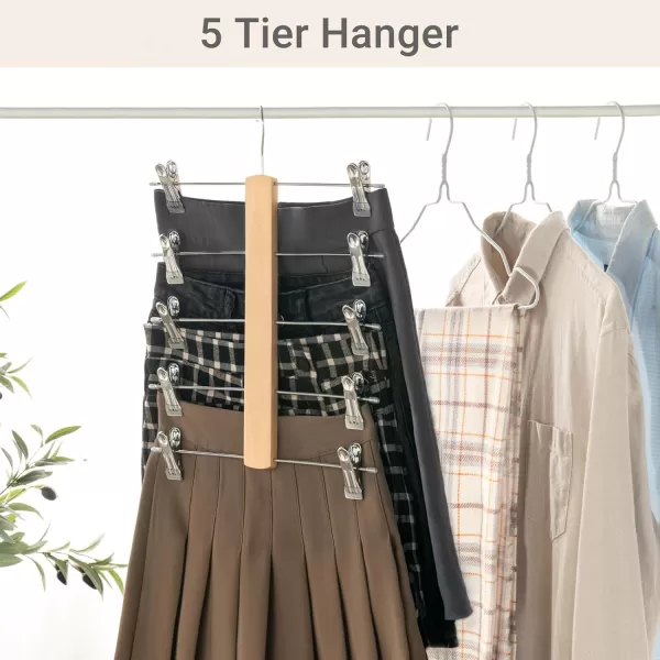 Mkono 3 Pack Pants Hangers Space Saving 5 Tier Skirt Hanger with Adjustable Clips Natural Wood Rubber Coated Clips Clothes Hanger for Shorts Trouser Organize 360 Swivel Multiple Closet Storage Hanger