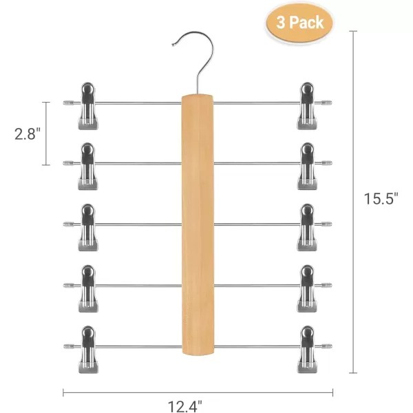 Mkono 3 Pack Pants Hangers Space Saving 5 Tier Skirt Hanger with Adjustable Clips Natural Wood Rubber Coated Clips Clothes Hanger for Shorts Trouser Organize 360 Swivel Multiple Closet Storage Hanger