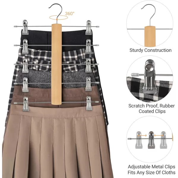 Mkono 3 Pack Pants Hangers Space Saving 5 Tier Skirt Hanger with Adjustable Clips Natural Wood Rubber Coated Clips Clothes Hanger for Shorts Trouser Organize 360 Swivel Multiple Closet Storage Hanger