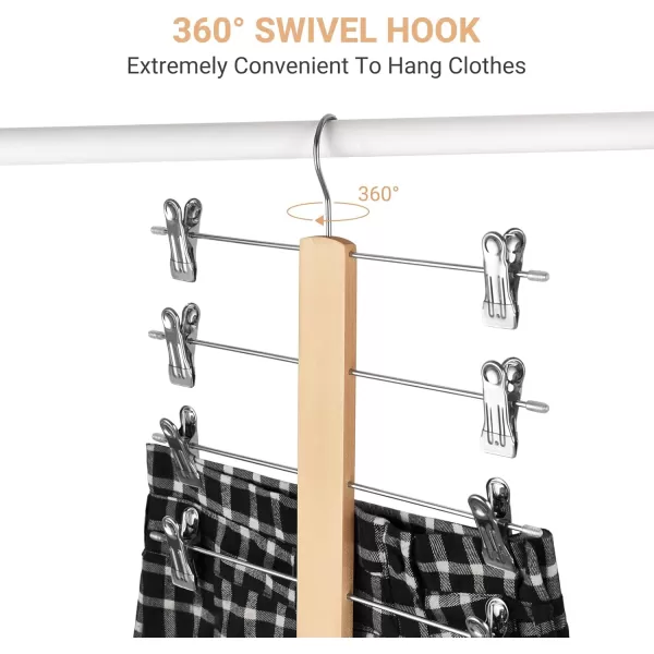 Mkono 3 Pack Pants Hangers Space Saving 5 Tier Skirt Hanger with Adjustable Clips Natural Wood Rubber Coated Clips Clothes Hanger for Shorts Trouser Organize 360 Swivel Multiple Closet Storage Hanger