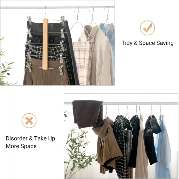 Mkono 3 Pack Pants Hangers Space Saving 5 Tier Skirt Hanger with Adjustable Clips Natural Wood Rubber Coated Clips Clothes Hanger for Shorts Trouser Organize 360 Swivel Multiple Closet Storage Hanger
