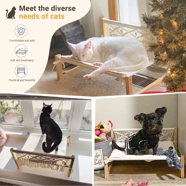 Mkono Boho Cat Bed Hammock with Blanket Macrame Elevated Pet Bed for Indoor Floor Standing Breathable Cat Chair 21 X 167 Inch Pet Resting Hammock Cat Furniture Gift for Cats and Small Dogs