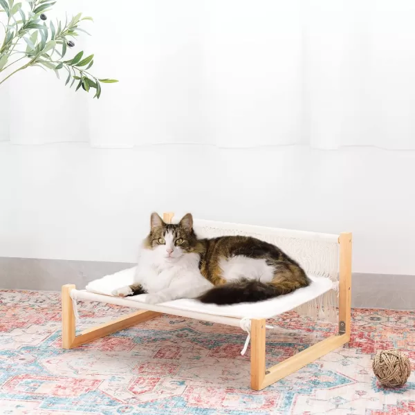 Mkono Boho Cat Bed Hammock with Blanket Macrame Elevated Pet Bed for Indoor Floor Standing Breathable Cat Chair 21 X 167 Inch Pet Resting Hammock Cat Furniture Gift for Cats and Small Dogs