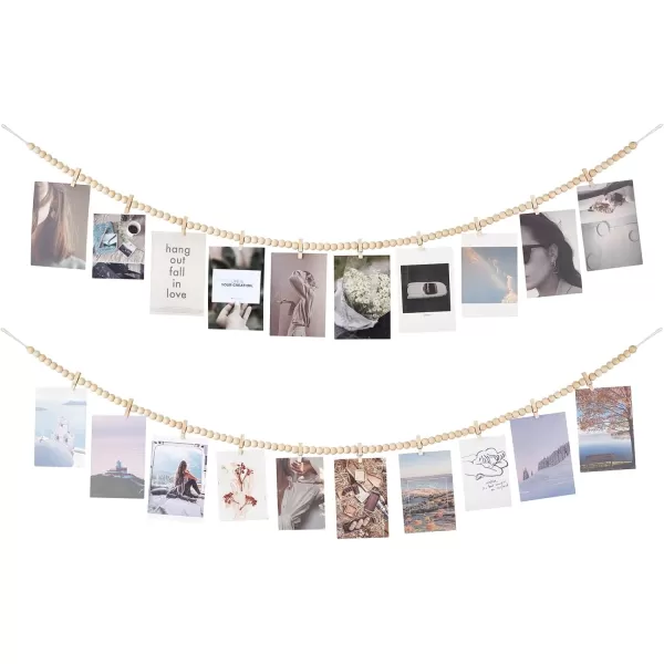 Mkono Hanging Photo Display with Clips Boho Wooden Bead Garland Banner Collage Card Picture Kids Art Holder String with 10 Clips for Bedroom Living Room Dorm Decor Teen Girl Gifts Brown 1 PackBrown