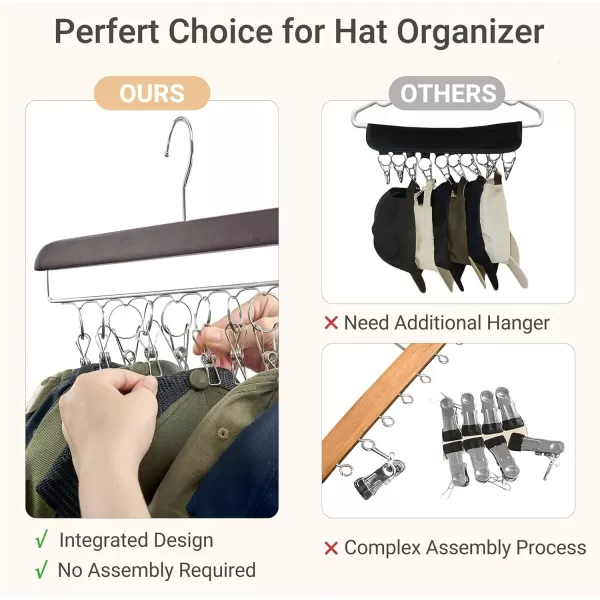 Mkono Hat Organizer Hanger for Closet Set of 3 Wooden Hat Racks for Baseball Caps with 30 Stainless Steel Clips Baseball Hat Organizer Holder for Closet Storage Fits All Caps Set of 3