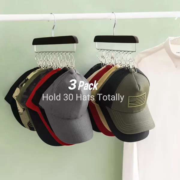 Mkono Hat Organizer Hanger for Closet Set of 3 Wooden Hat Racks for Baseball Caps with 30 Stainless Steel Clips Baseball Hat Organizer Holder for Closet Storage Fits All Caps Set of 3