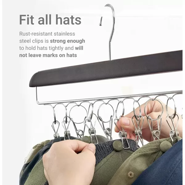 Mkono Hat Organizer Hanger for Closet Set of 3 Wooden Hat Racks for Baseball Caps with 30 Stainless Steel Clips Baseball Hat Organizer Holder for Closet Storage Fits All Caps Set of 3