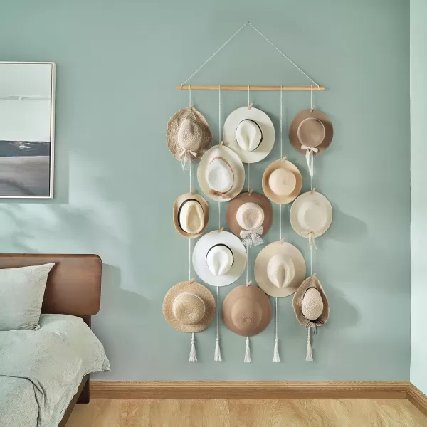 Mkono Hat Rack Hat Hangers for Wall Boho Caps Storage Display Organizer with Decorative Tassels Modern Cowboy Womens Hat Display Holder for Wide Brim Fedora Bowler Baseball Caps MediumLarge