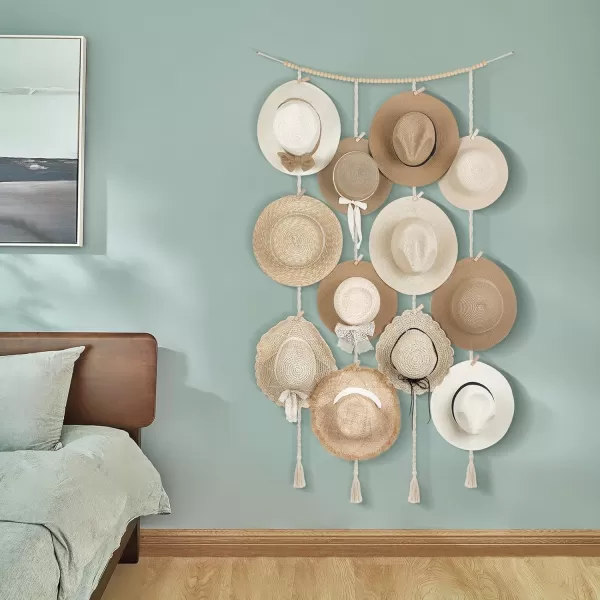 Mkono Hat Rack Hat Hangers for Wall Boho Macrame Hat Holder with Decorative Tassels and 18 Clips Modern Cowboy Womens Caps Storage Display Organizer for Wide Brim Bowler Fedora Hat