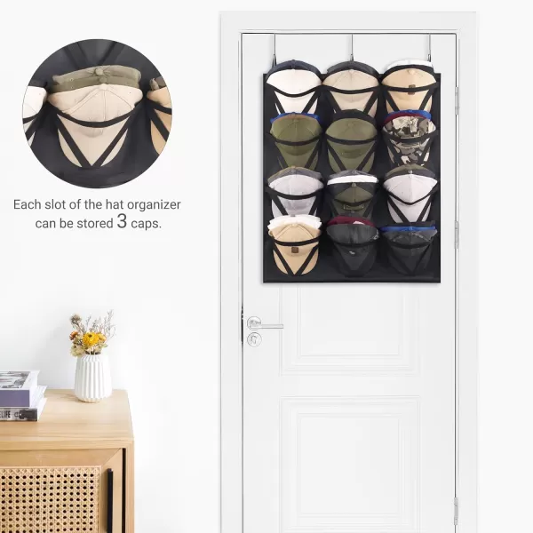 Mkono Hat Storage for Baseball Caps Over The Door Hat Organizer with 12 AntiDrop Pockets for 36 Baseball Hats Visible Ball Hat Holder with Triangle Elastic Slot and AntiCurl Support