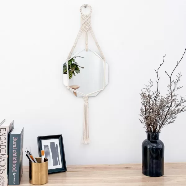 Mkono Macrame Wall Hanging Mirror Boho Geometric Decorative Mirror for Apartment Livingroom Bedroom Dorm Room Entryways