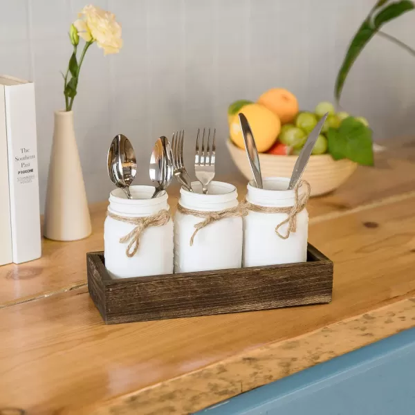 Mkono Mason Jar Centerpiece Decorative Wood Tray with 3 Painted Jars Artificial Flowers Rustic Country Farmhouse Fall Decor for Coffee Table Dining Room Living Room KitchenWhite