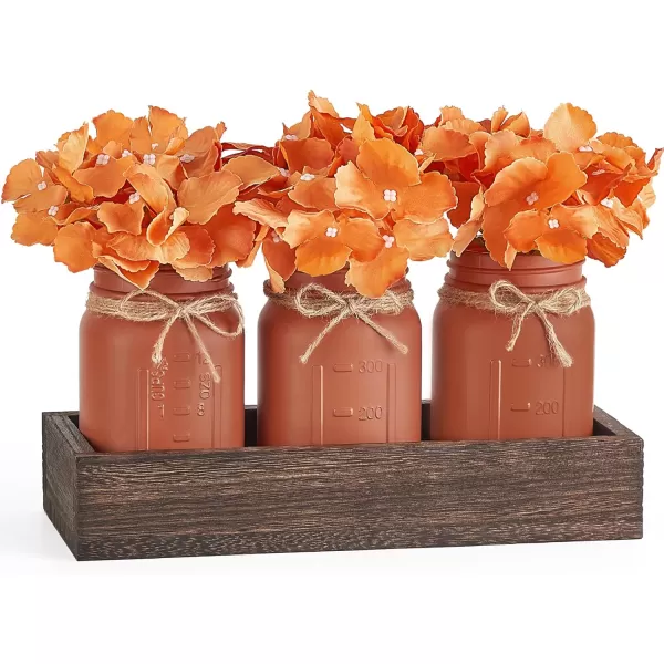 Mkono Mason Jar Centerpiece Decorative Wood Tray with 3 Painted Jars Artificial Flowers Rustic Country Farmhouse Fall Decor for Coffee Table Dining Room Living Room KitchenOrange