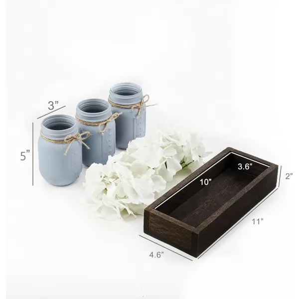 Mkono Mason Jar Centerpiece Decorative Wood Tray with 3 Painted Jars Artificial Flowers Rustic Country Farmhouse Fall Decor for Coffee Table Dining Room Living Room KitchenGrey Blue
