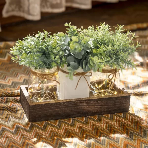 Mkono Mason Jar Table Centerpiece for Dining Room Farmhouse Lighted Dining Coffee Table Decor Wood Tray with 3 Mason Jars Table Summer Centerpiece Decor for Dining Room Bathroom Kitchen WhiteWhite
