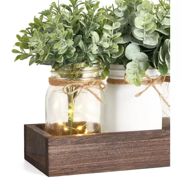 Mkono Mason Jar Table Centerpiece for Dining Room Farmhouse Lighted Dining Coffee Table Decor Wood Tray with 3 Mason Jars Table Summer Centerpiece Decor for Dining Room Bathroom Kitchen WhiteWhite
