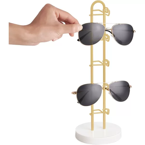 Mkono Sunglasses Organizer Glasses Holder Stand Sunglass Storage Eyeglasses Rack Metal Frame with Wood Base for 5 Pairs of Eyewear Display for Table Desk Countertop Dresser Bedroom Set of 1 BlackGold