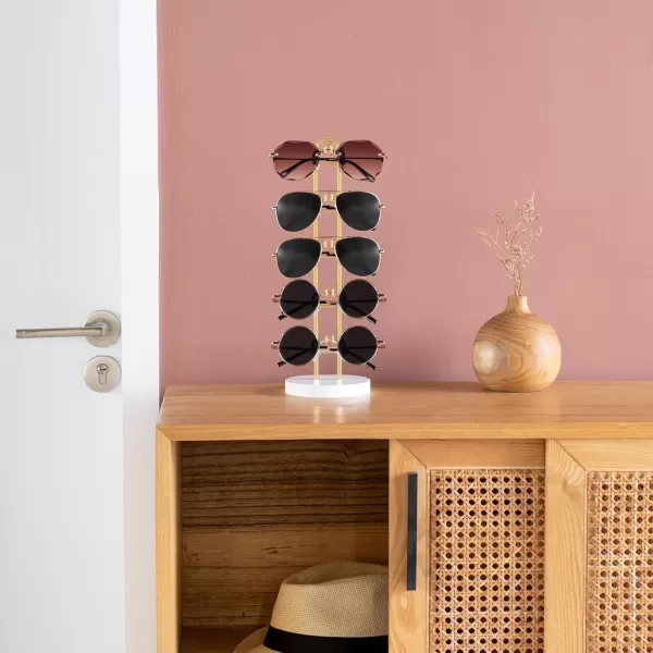 Mkono Sunglasses Organizer Glasses Holder Stand Sunglass Storage Eyeglasses Rack Metal Frame with Wood Base for 5 Pairs of Eyewear Display for Table Desk Countertop Dresser Bedroom Set of 1 BlackGold