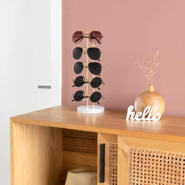 Mkono Sunglasses Organizer Glasses Holder Stand Sunglass Storage Eyeglasses Rack Metal Frame with Wood Base for 5 Pairs of Eyewear Display for Table Desk Countertop Dresser Bedroom Set of 1 BlackGold