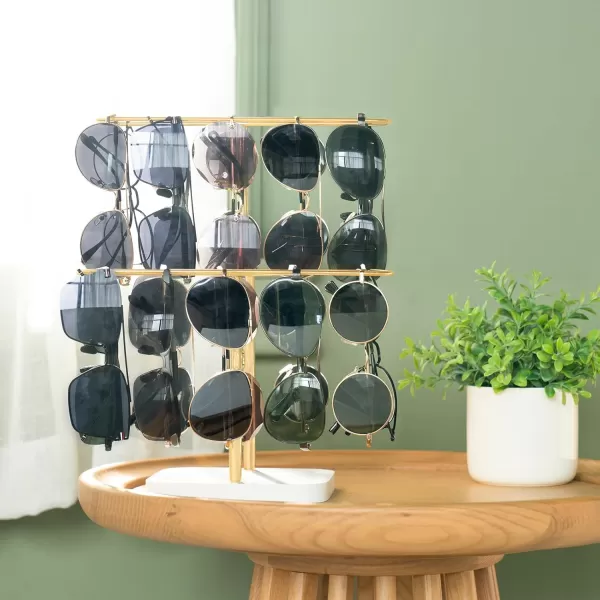 Mkono Sunglasses Organizer Glasses Holder Stand for 24 Pairs of Eyewear 2 Tier Sunglass Storage Eyeglasses Display Rack Metal Frame with Wood Base for Table Desk Countertop Dresser Bedroom BlackGold