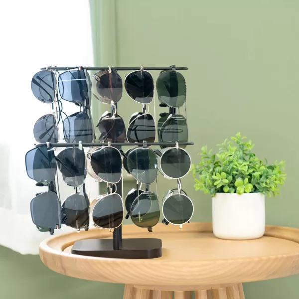 Mkono Sunglasses Organizer Glasses Holder Stand for 24 Pairs of Eyewear 2 Tier Sunglass Storage Eyeglasses Display Rack Metal Frame with Wood Base for Table Desk Countertop Dresser Bedroom BlackBlack